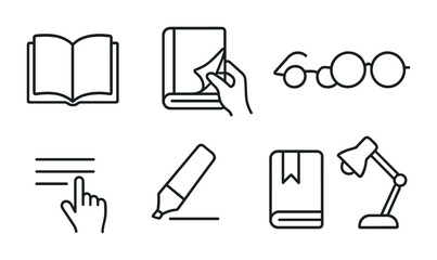 outline vector icons of email user interface: sidebar menu, message list, reading pane, toolbar icons, search bar, profile icon, quick filters, layout toggle. No text. The icons should be clean.