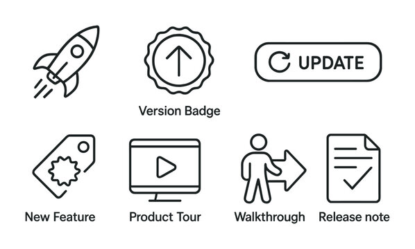 outline vector icons of launch and updates: rocket icon, version badge, changelog, update banner, new feature tag, product tour, walkthrough, release note. No text. The icons should be clean.