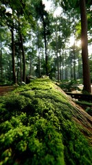 Fototapeta premium Nature's Tranquility Lush Green Moss Covering Fallen Logs in a Sunlit Forest Environment