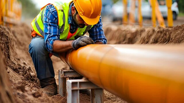 Workers install vest pipes for utility carefully A construction worker in a safety underground and hard hat infrastructure inspects and installs a large underground pipeline video 4k