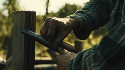 Construction laborer hammering nails into a wooden framework. Featuring skill and focus