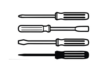 Four Different Screwdrivers Black And White Illustration Line Art Tool Kit Maintenance And Repair Projects