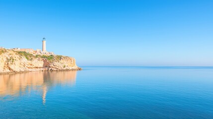 A serene coastal view featuring a lighthouse on a rocky cliff. The calm blue sea reflects the clear skies, creating a peaceful atmosphere ideal for relaxation and inspiration.