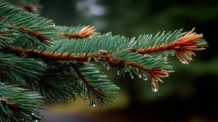 Evergreen Fir Branch Glistening with Rain Forest Nature Photography Tranquil Environment Close-Up View Serenity