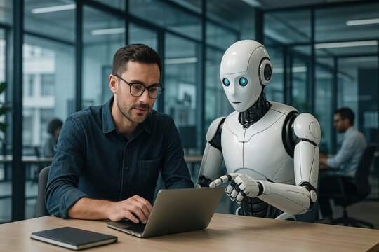 Human and humanoid robot working together on a laptop in modern office