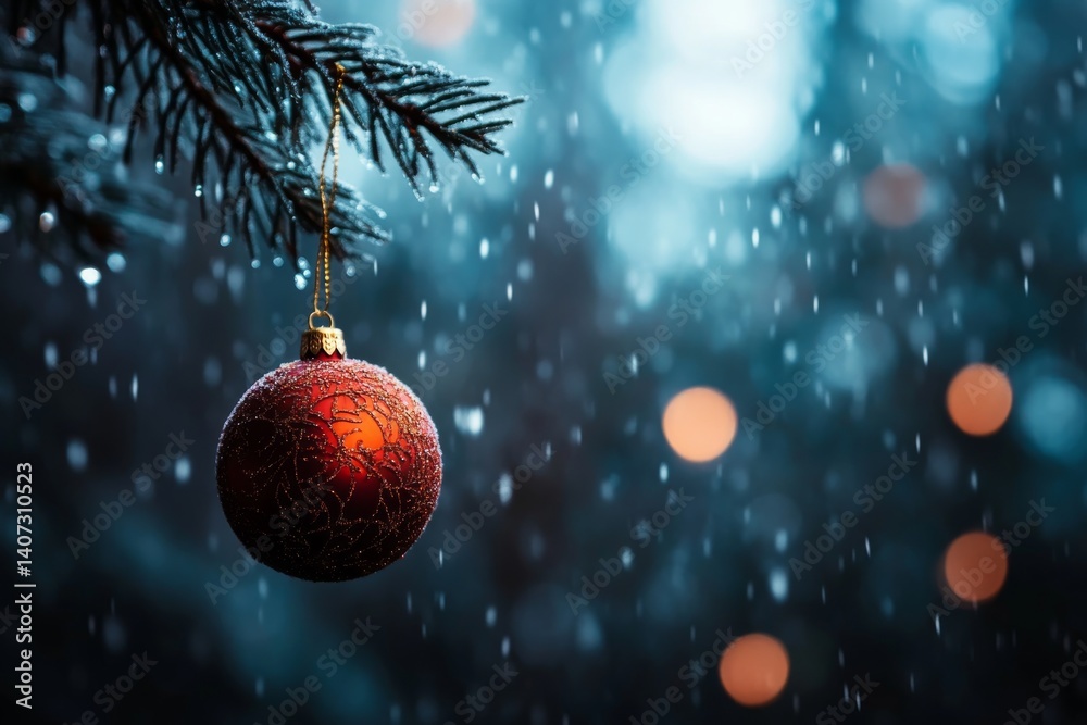 Aufkleber A striking red Christmas ball with intricate golden patterns dangles from a pine branch, creating a festive atmosphere against a blurred frosty backdrop
