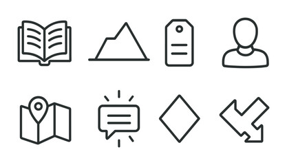 outline vector icons of literary elements: chapter icon, plot diagram, theme tag, character icon, setting map, narrative voice, symbol icon, conflict marker. No text. The icons should be clean.