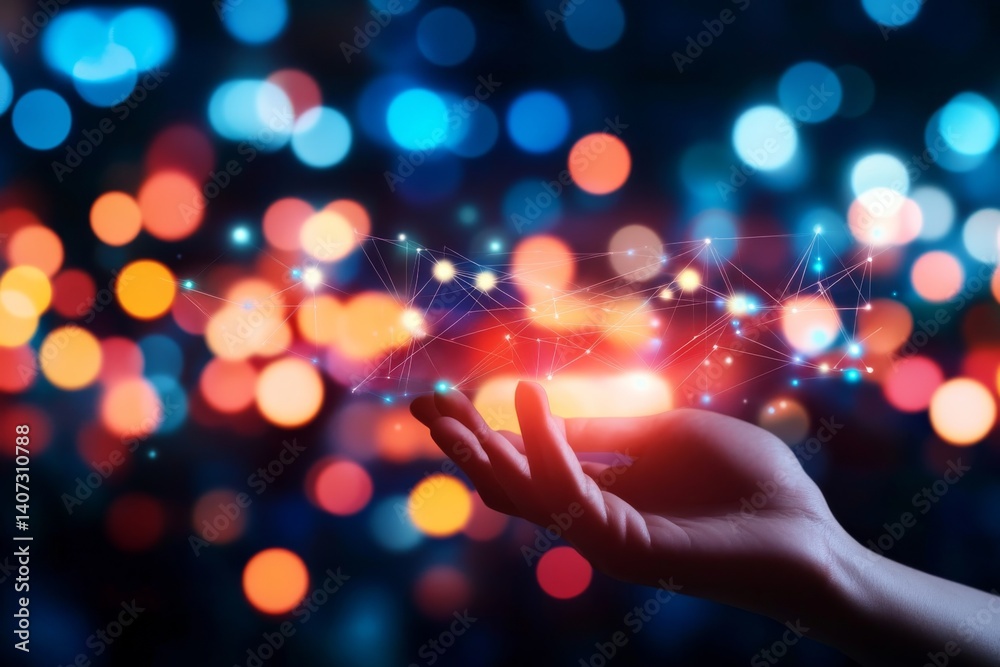 Leinwandbilder A hand reaches out to a glowing network of nodes, symbolizing the essence of AI and machine learning in a soft blue and white light