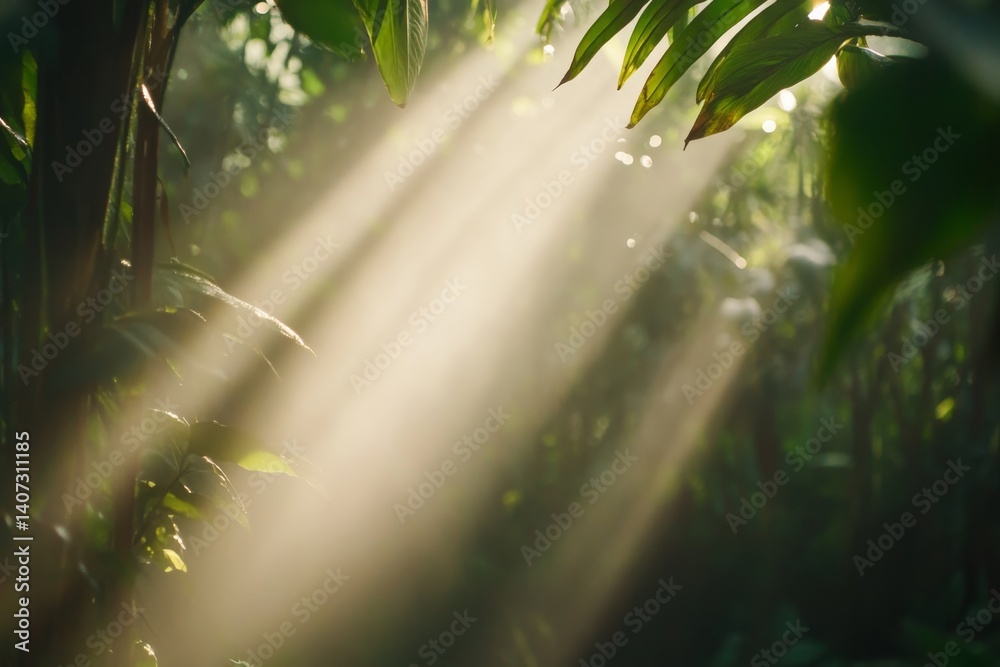 Poster Golden sunlight streams through lush palm leaves, creating a peaceful atmosphere with a soft sandy beach visible in the background, perfect for relaxation