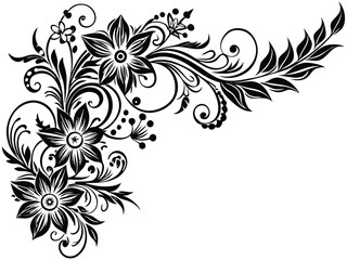 Black and white vector floral ornament with a swirl pattern is a decorative design element