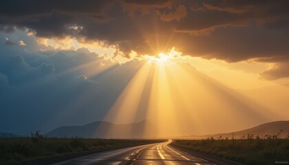 Majestic Sun Rays Break Through Clouds Over Winding Road at Dawn, Illuminating Quiet Landscape