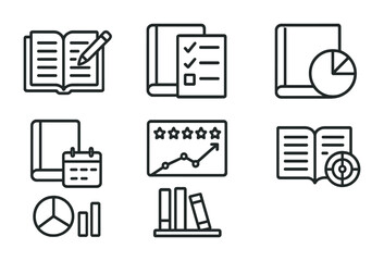 outline vector icons of book tracking: reading log, to-read list, book progress, read date, rating chart, genre stats, bookshelf tracker, page goal. No text. The icons should be clean. isolated