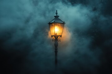 Dramatic street lamp illuminates foggy path at night creating a mystical atmosphere