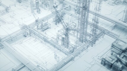 Industrial blueprint, overhead view of complex piping and structures. Possible use Stock photo for architectural, engineering, or industrial design