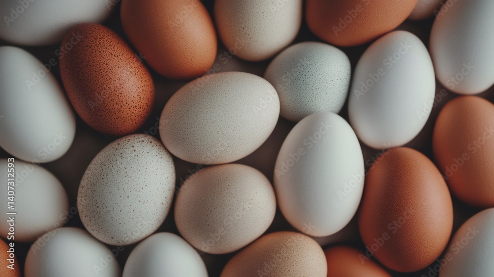 Poster multicolored fresh organic chicken eggs are arranged closely together on a table, creating a vibrant
