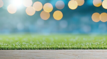 Obraz premium A serene outdoor setting featuring lush green grass illuminated by soft bokeh lights in the background, perfect for relaxing and enjoying nature's beauty.