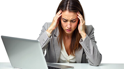 Stressed businesswoman with headache presses temples in harsh office lighting. Useful for illustrating burnout, overwork, migraine, stress management, and workplace wellness content.
