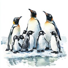 Fototapeta premium Watercolor Painting of King Penguin Family Group on Ice