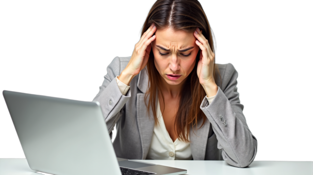Stressed businesswoman with headache presses temples in harsh office lighting. Useful for illustrating burnout, overwork, migraine, stress management, and workplace wellness content.