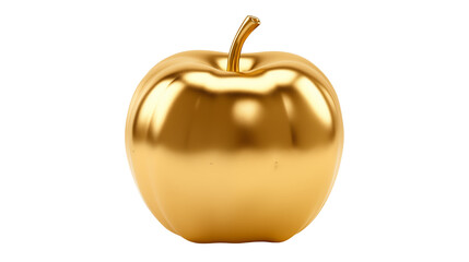A shiny golden apple with a stem isolated against a black background in a studio shot