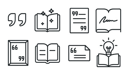 outline vector icons of inspirational notes: quote bubble, daily affirmation, positive word, motivational tag, success symbol, goal highlight, sun icon, heart note. No text. The icons should be clean