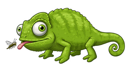 Chameleon Cartoon: A comical cartoon chameleon with a wide, toothy grin catches a fly with its long, sticky tongue, showcasing its signature ability to camouflage.  