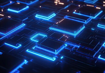 Fototapeta premium 3D render, abstract futuristic background with blue glowing neon lines and square shapes on a black backdrop