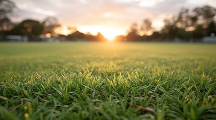A serene view of lush green grass at sunset, capturing the warm glow of the sun as it sets on the horizon, evoking feelings of peace and connection with nature.