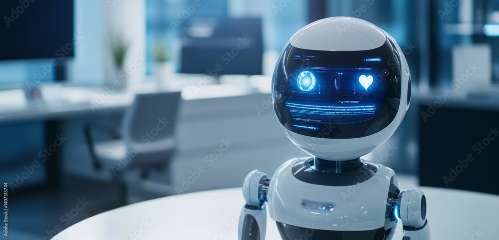 Poster a synthetic robot interacts in a contemporary office space, showcasing advanced technology and desig