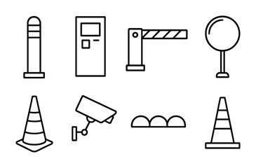 outline vector icons of parking basics: parking sign, parked car, parking lot, parking space, car slot, parking lines, vehicle icon, entrance gate. No text. The icons should be clean. isolated
