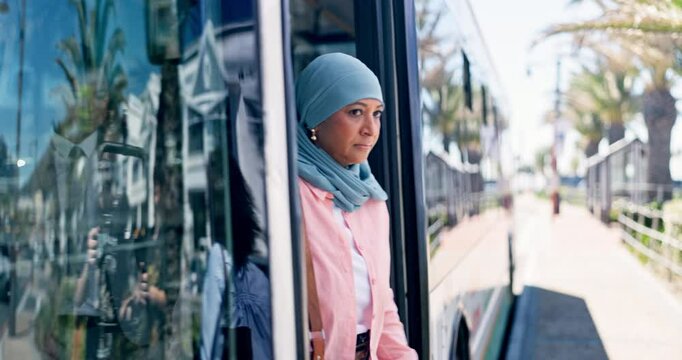 People, exit and bus door in city for public transport, morning commute and location of urban stop. Passengers, leave or vehicle arrival for travel, boarding terminal and sidewalk for journey to work