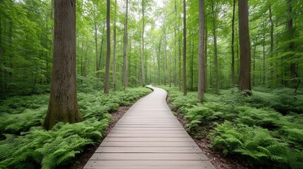 Fototapeta premium A serene walking path through a lush green forest, surrounded by vibrant ferns and towering trees
