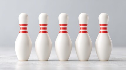 A set of five white bowling pins with red stripes, arranged neatly on a light background, perfect for sports or leisure-themed projects.