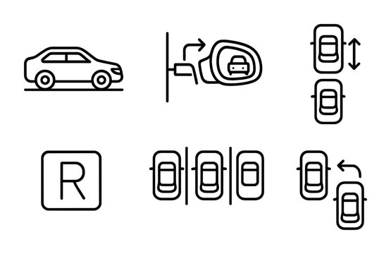 outline vector icons of street parking: curb, meter post, parallel park icon, parking zone, ticket on windshield, painted curb, street signage, residential spot. No text. The icons should be clean.