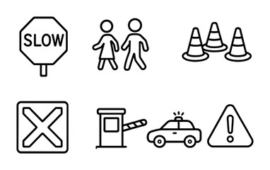 Fototapeta premium outline vector icons of parking lot safety: slow sign, children icon, pedestrian lane, cone setup, crossing mark, guard booth, security patrol, caution icon. No text. The icons should be clean.
