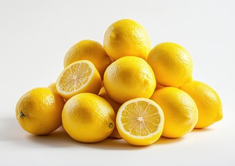 Fresh Lemons Piled Together with One Lemon Cut in Half Showing Juicy Interior and Bright Yellow Skin on Plain White Background