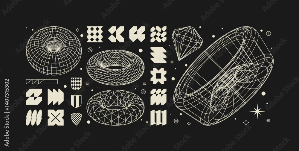 Poster vector graphic assets kit acid style, postmodern abstract geometric shapes with wireframe elements o