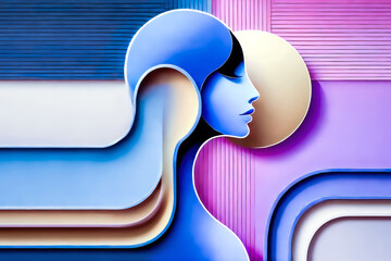 A minimalist abstract profile of a blue-toned woman is blended into layered, flowing geometric shapes and soft gradients, with a circular form behind her head suggesting a moon or sun.