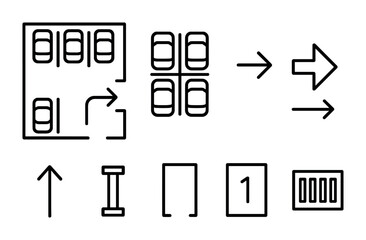 outline vector icons of parking facilities: multi-level garage, open lot, underground parking, valet station, ticket booth, bike rack, security camera, payment kiosk. No text. The icons should be
