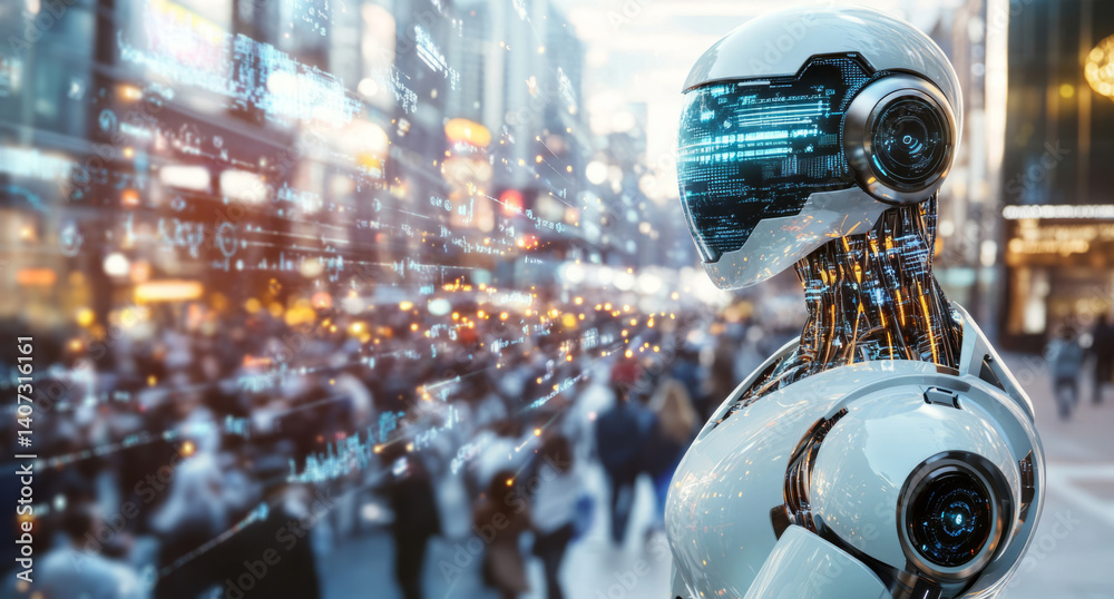 Poster a robot stands amidst bustling city crowds, showcasing advanced synthetic features while engaging wi