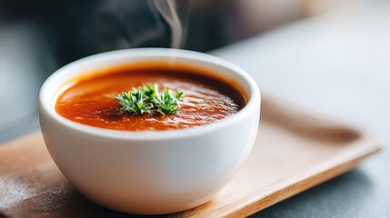 A steaming bowl of rich tomato soup garnished with fresh herbs, served on a wooden board, perfect for a cozy meal. Ideal for food lovers and culinary enthusiasts.
