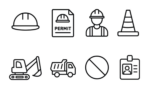 outline vector icons of construction site parking: helmet icon, site permit, worker lot, safety cone, machinery space, truck lane, restricted sign, ID check. No text. The icons should be clean.