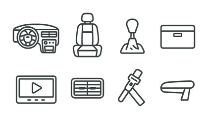 outline vector icons of car interior: dashboard, seat, gear shift, glove box, infotainment screen, A/C vents, seatbelt, armrest. No text. The icons should be clean. isolated transparent background.