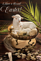 Easter card with lambs in metal bowl on wooden table  with wishes