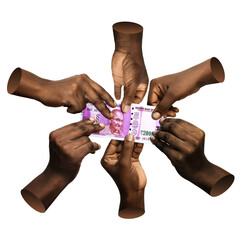 Black African hands reaching touching holding single 2000 Indian rupee notes money on transparenbackground. Stretching arms for cash teamwork togetherness fighting war competing challenging struggling