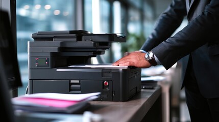 A business person using a printer in an office setting with a modern and professional atmosphere seen