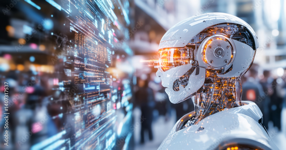 Poster a futuristic robot stands in a bustling urban environment, reflecting on the complexities of synthet