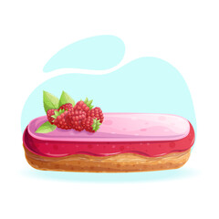 Delicious eclair with custard and raspberries on a blue background close-up. The concept of confectionery, baking, cooking. Isolated vector illustration for menu design, posters, banners, covers