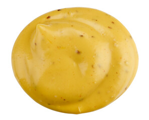 Portion mustard sauce with spices isolated on a transparent background. Completely in focus. Full...
