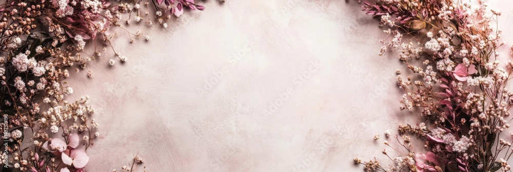 Poster wreath of tiny flowers and berries on a soft textured background in lapki illustration style, perfec